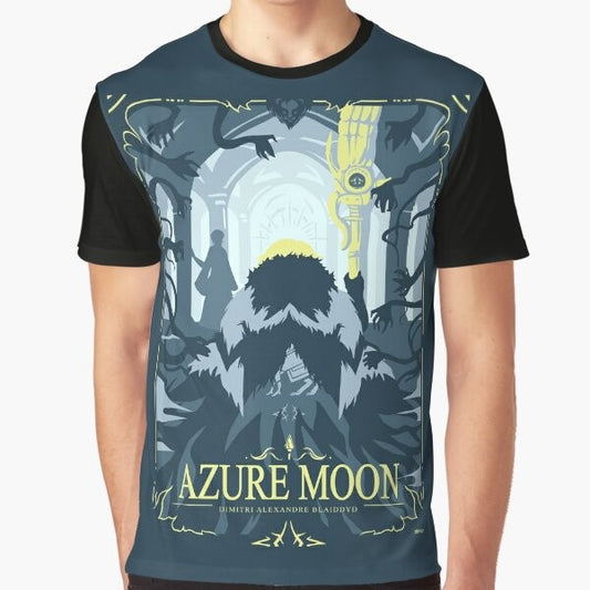 Azure Moon Fire Emblem Three Houses graphic t-shirt featuring characters Byleth, Claude von Riegan, Dimitri Alexandre Blaidd, and Edelgard von Hresvelg.