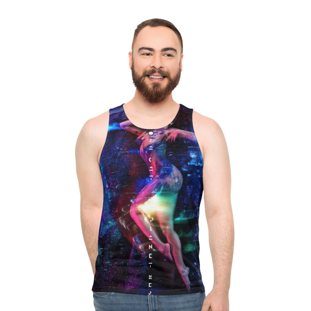 Anime-style cat lover's unisex tank top with "World Cat Love" design - men