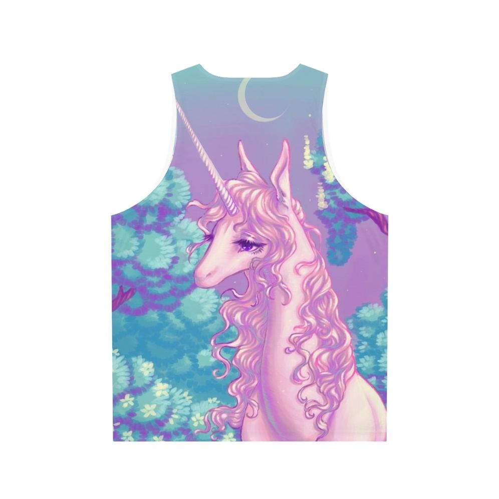 Unisex tank top featuring a glowing unicorn design in a forest setting from the classic 80s fantasy movie 'The Last Unicorn' - Back