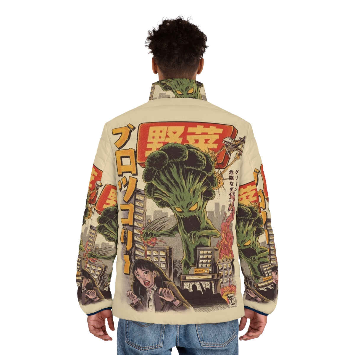 Broccozilla puffer jacket featuring a vegetable monster design - men back