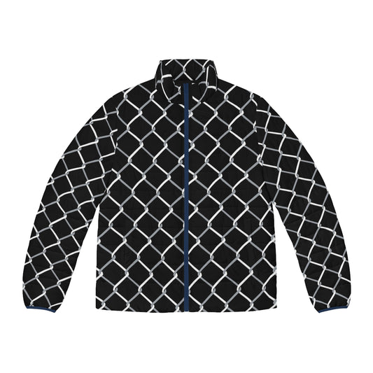 A chain link puffer jacket in black color, perfect for winter outerwear