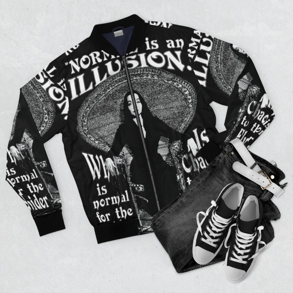 Morticia Addams Inspired Bomber Jacket with Quotes - Flat lay