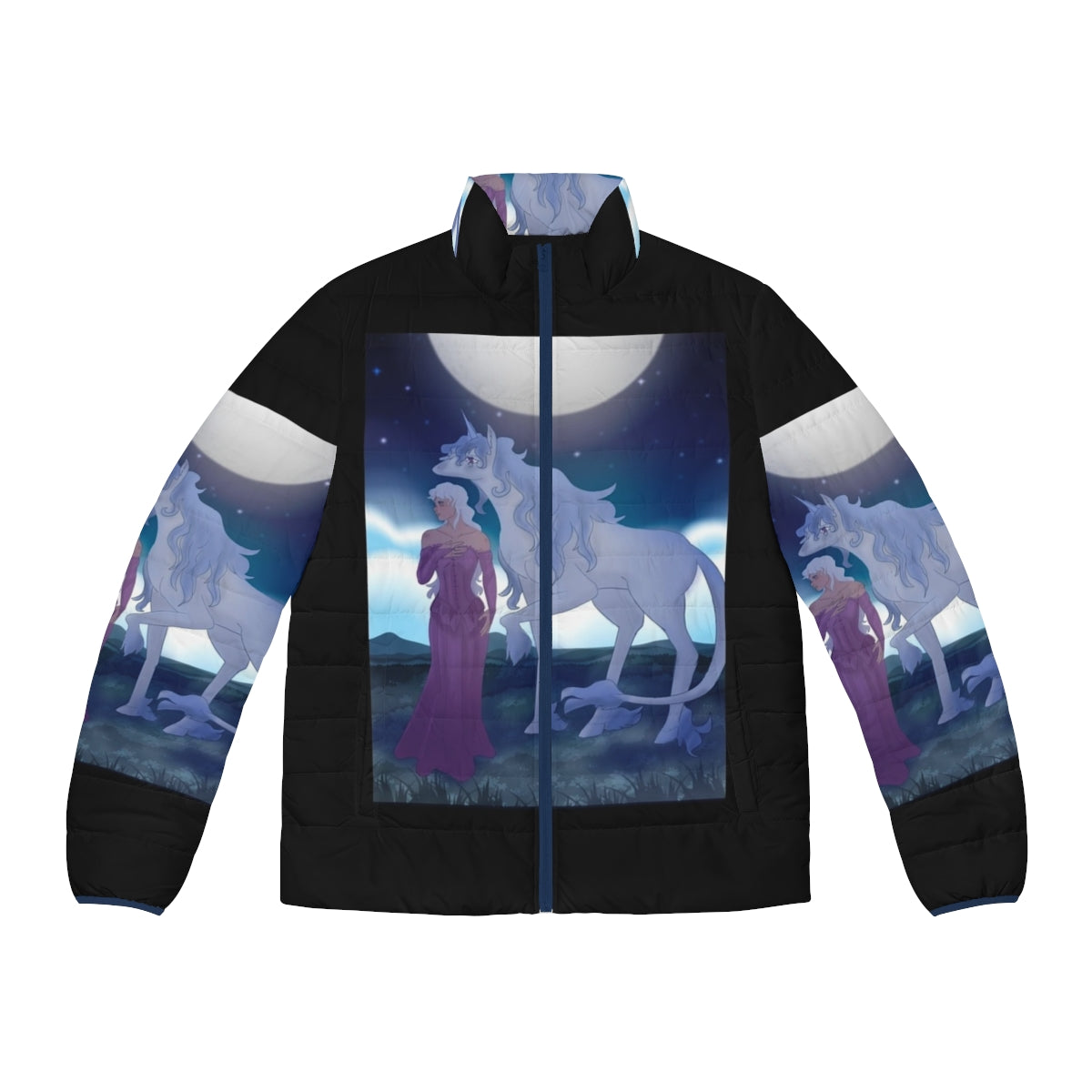 The Last Unicorn puffer jacket featuring original fantasy art of the unicorn Amalthea