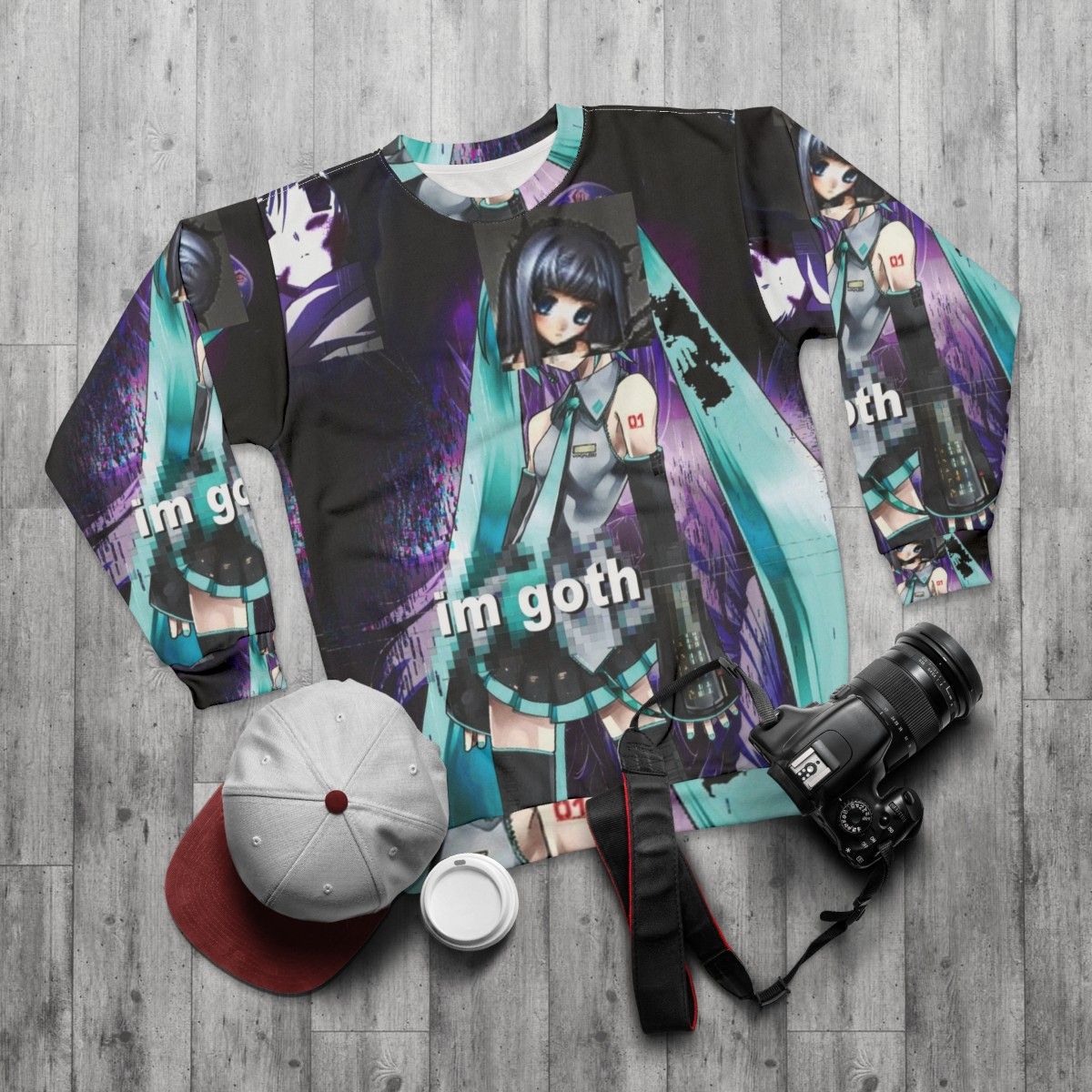 Gothic anime parody sweatshirt - flat lay