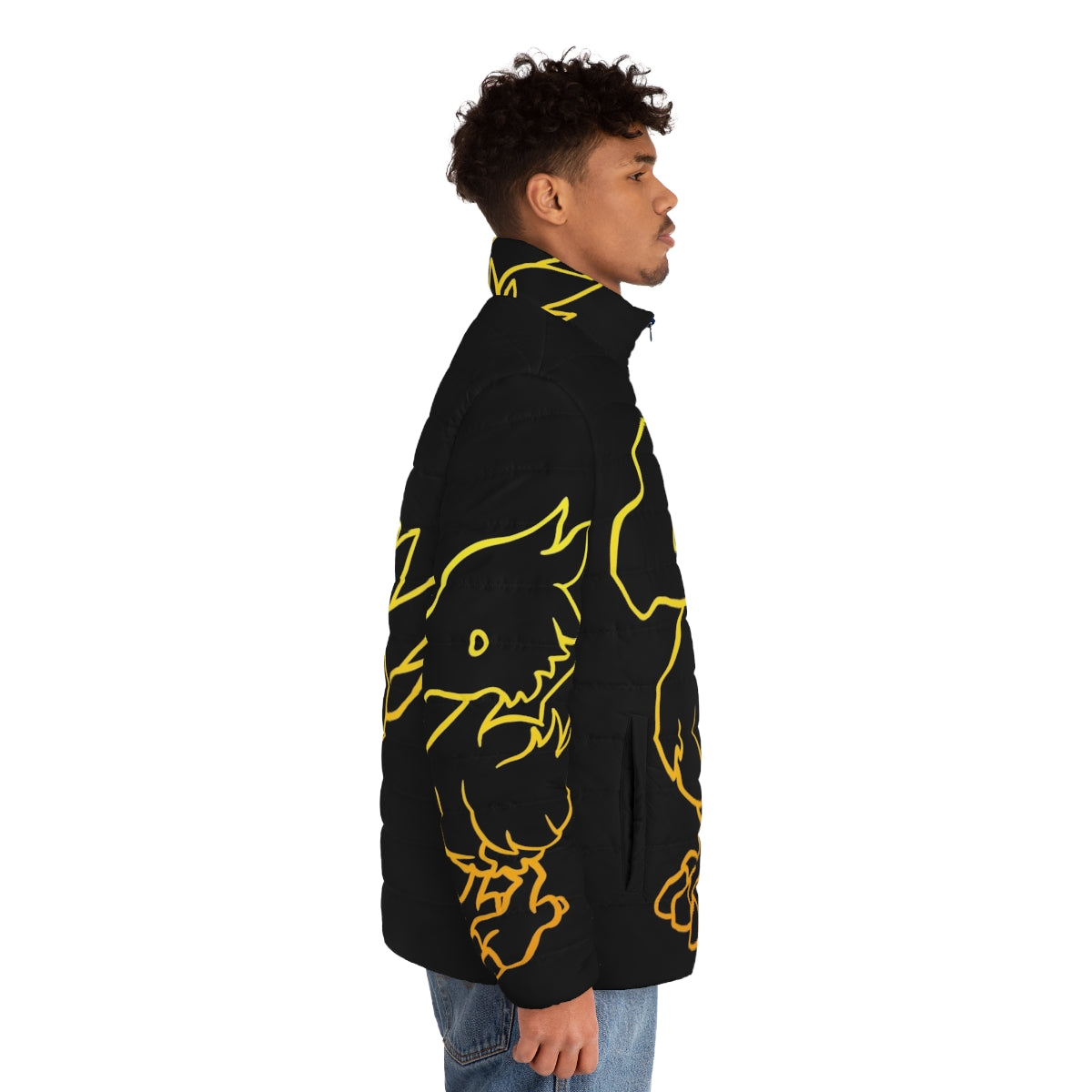 Final Fantasy Chocobo Puffer Jacket - Minimalist neon gaming apparel featuring the iconic Chocobo from the beloved Final Fantasy video game series - men side right