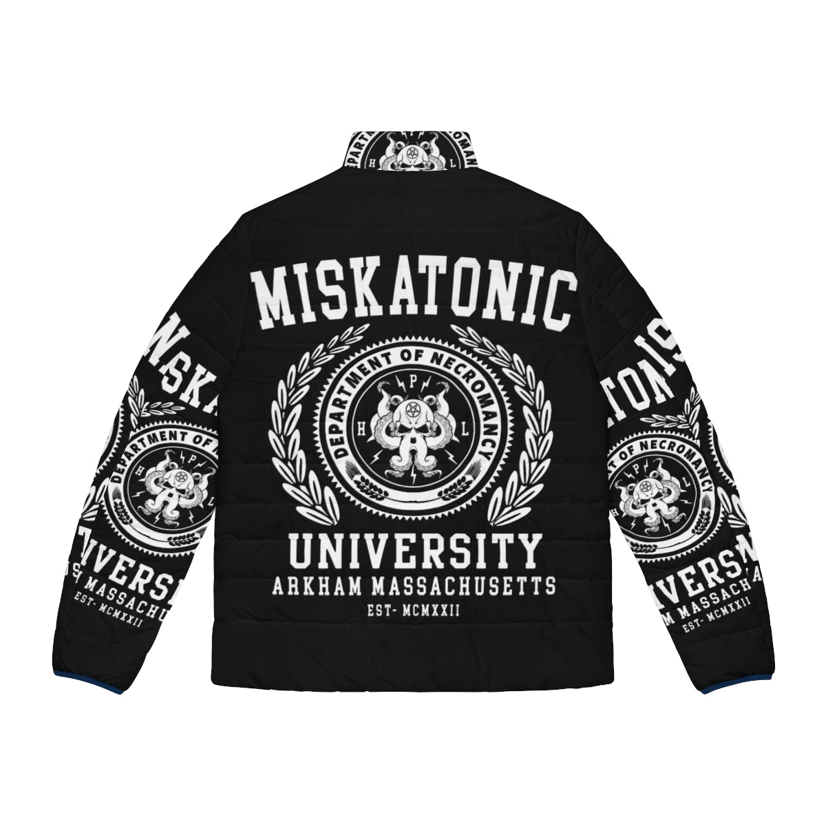 Cthulhu-themed puffer jacket featuring Miskatonic University and Lovecraft horror references - Back