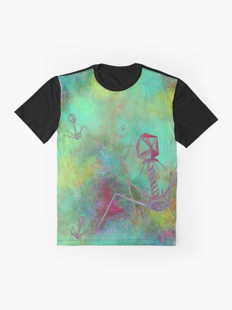 Graphic t-shirt design featuring a bacteriophage, phage, or virus illustration for science and microbiology enthusiasts. - Flat lay