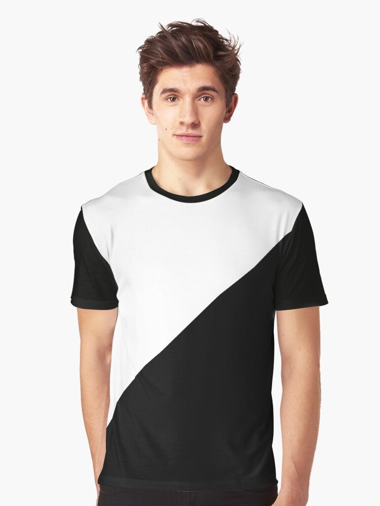 Diagonal half black and white graphic t-shirt with a modern, minimalist design - Men