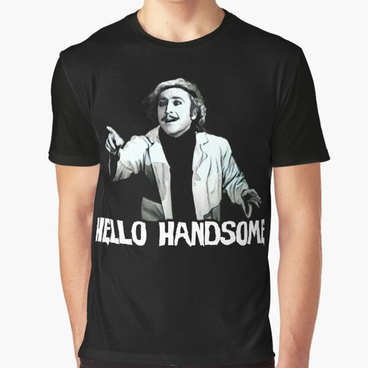 "Hello Handsome" graphic print on a retro-style t-shirt with a pop art design