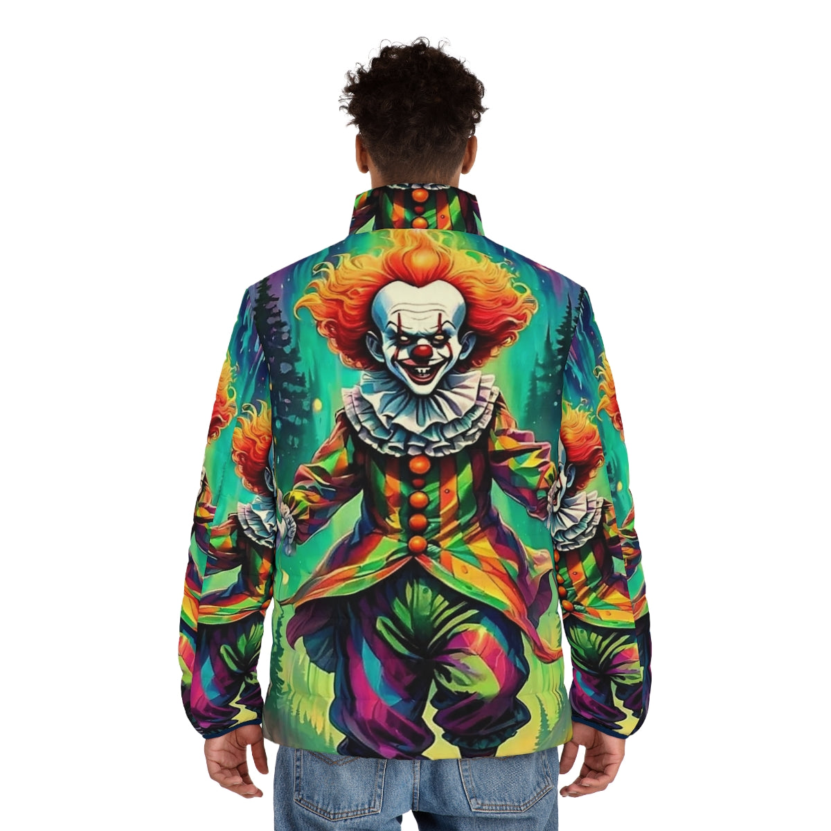 Scary clown puffer jacket for Halloween - men back