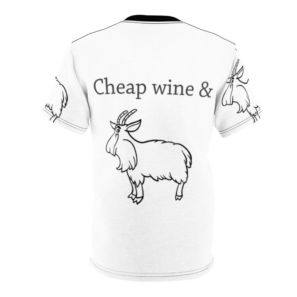 Humorous Australian-inspired t-shirt design featuring a cartoon three-legged goat and a glass of wine, with geometric shapes and elements of music and nature. - Back