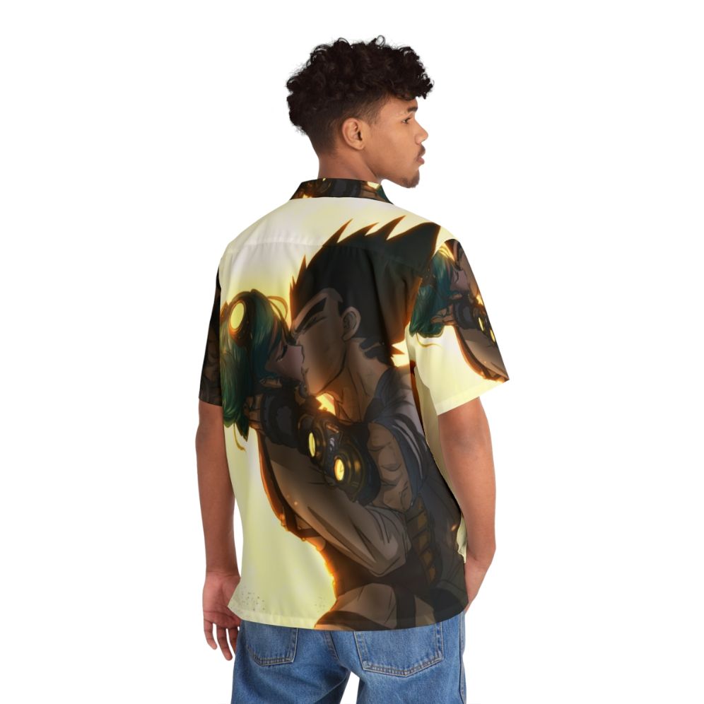 Anime-inspired Hawaiian shirt with Vegeta and Bulma design and stars - Flat lay