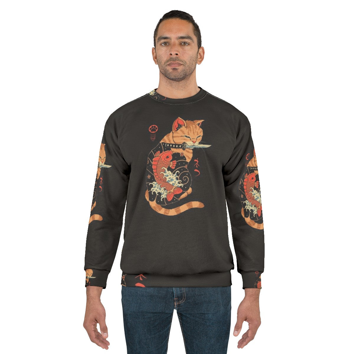 Retro cat sweatshirt with japanese carp tattoo design - men