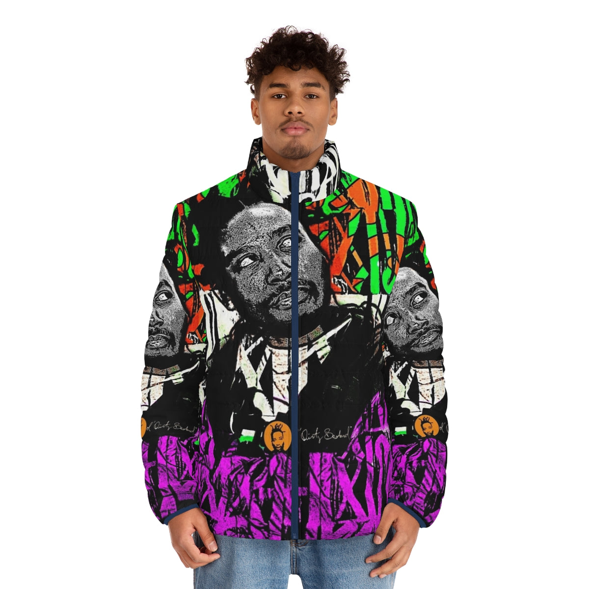 Graffiti-inspired puffer jacket with Ol' Dirty Bastard and Wu-Tang Clan inspired design - men front