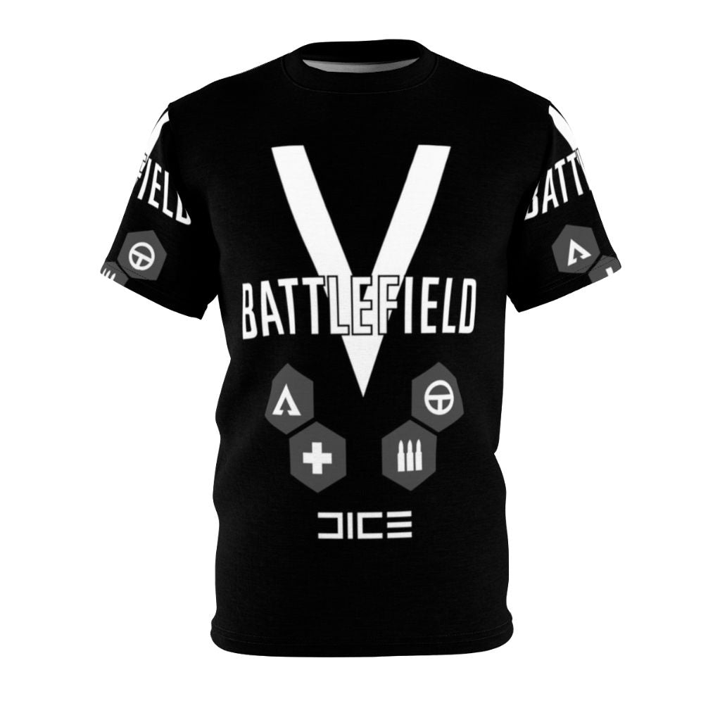 Military-inspired shooter game t-shirt with battlefield-themed graphics