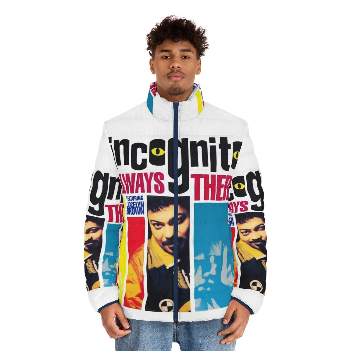 Incognito puffer jacket with jazz, funk, and soul music inspired design - men front