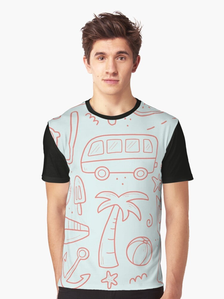 Explorer Summer Graphic T-Shirt featuring palm trees, sun, compass, and travel icons - Men