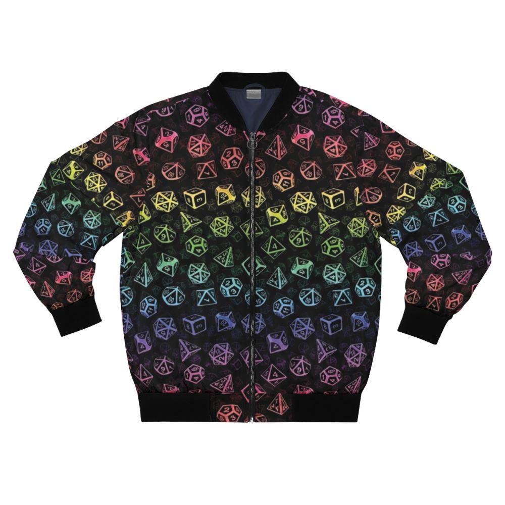 A colorful bomber jacket featuring a D20 dice and Dungeons and Dragons inspired pattern in a rainbow of colors.