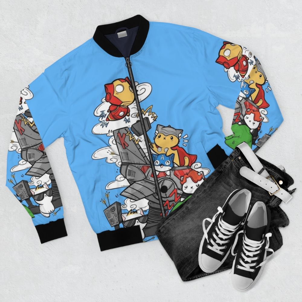 Chubby cartoon cat wearing a bomber jacket with superhero graphics - Flat lay