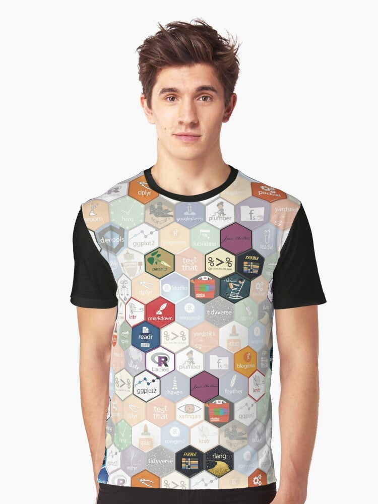 R-Statistics graphic t-shirt featuring small hexagons, ideal for data scientists and R programmers - Men