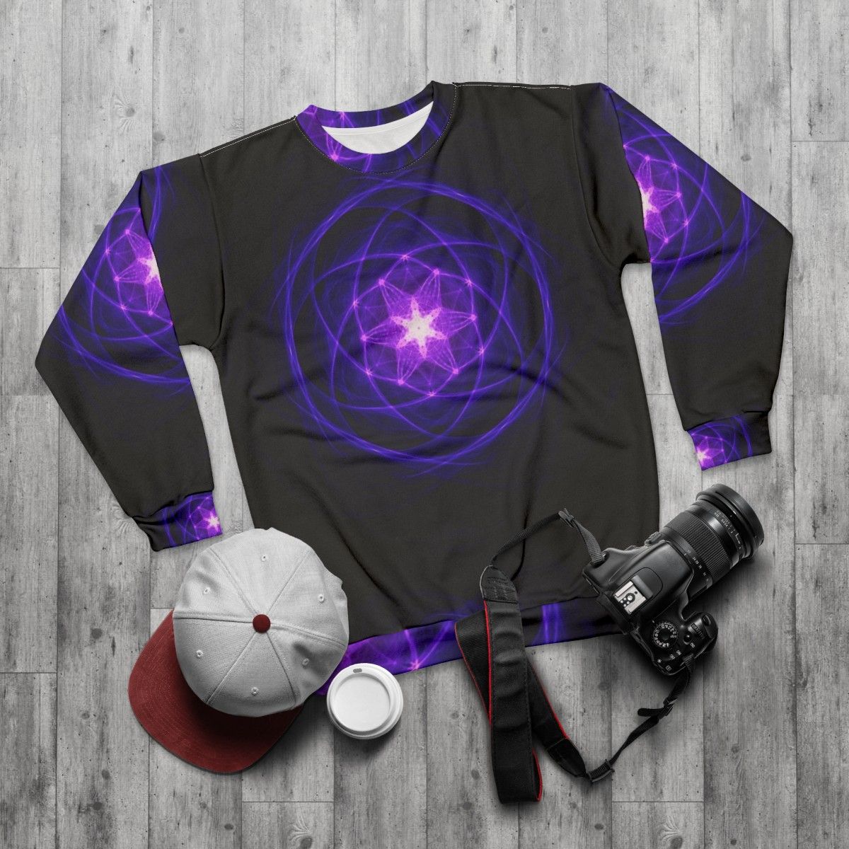 Energetic geometry indigo prayers spiritual sweatshirt - flat lay