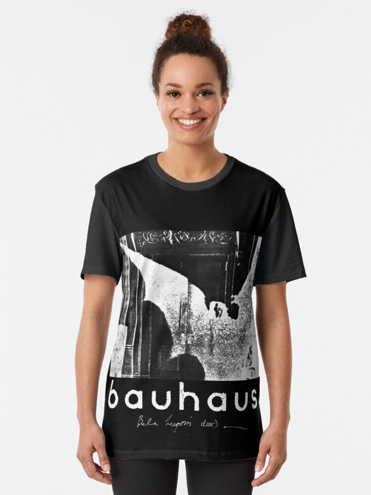 Retro 80s horror graphic t-shirt featuring Bela Lugosi's Dead Bauhaus inspired black and white artwork - Women