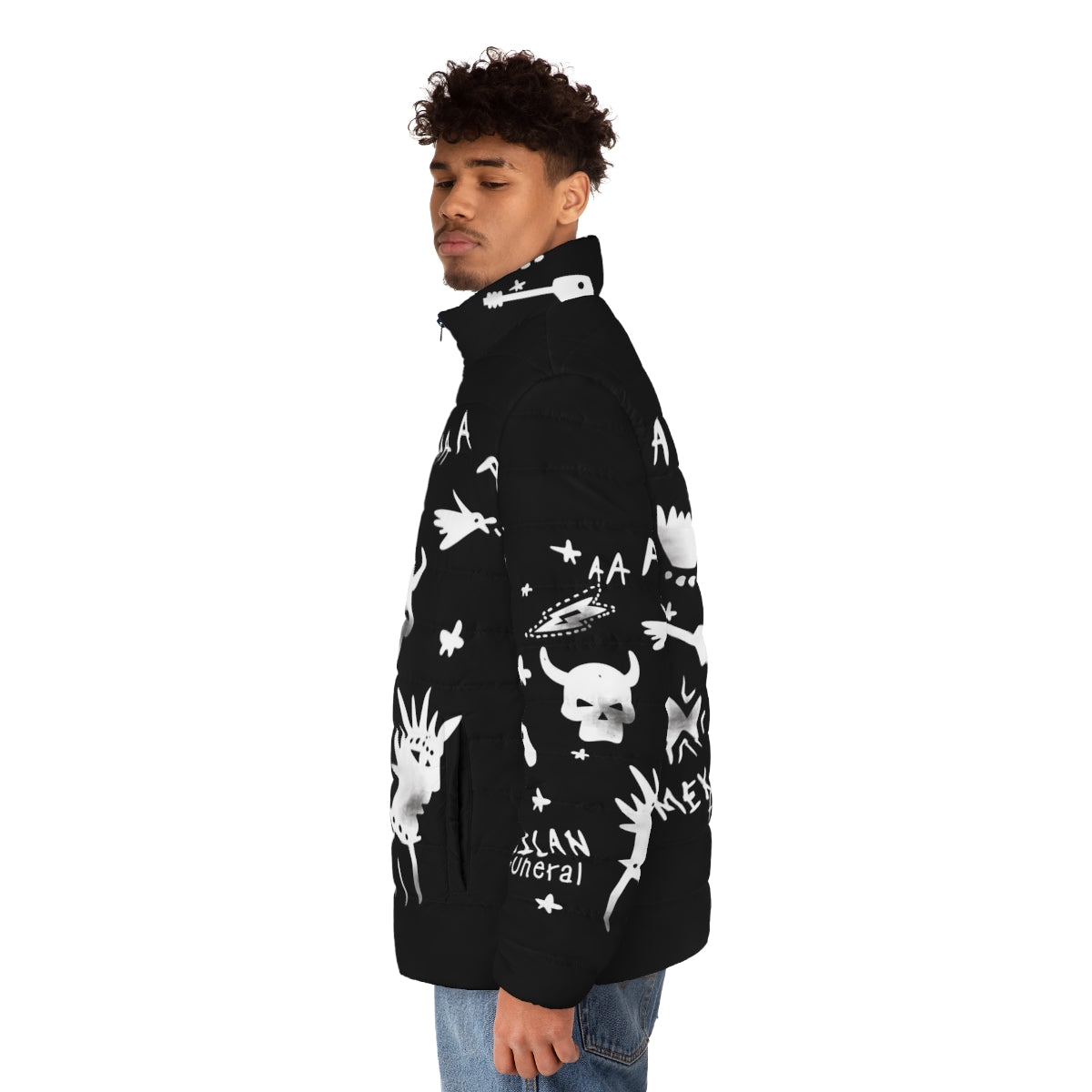 Dirk Gently's Mexican Funeral Puffer Jacket in oversized, winter-ready style - men side left