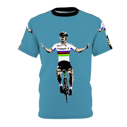 Cycling enthusiast wearing a Peter Sagan-inspired t-shirt