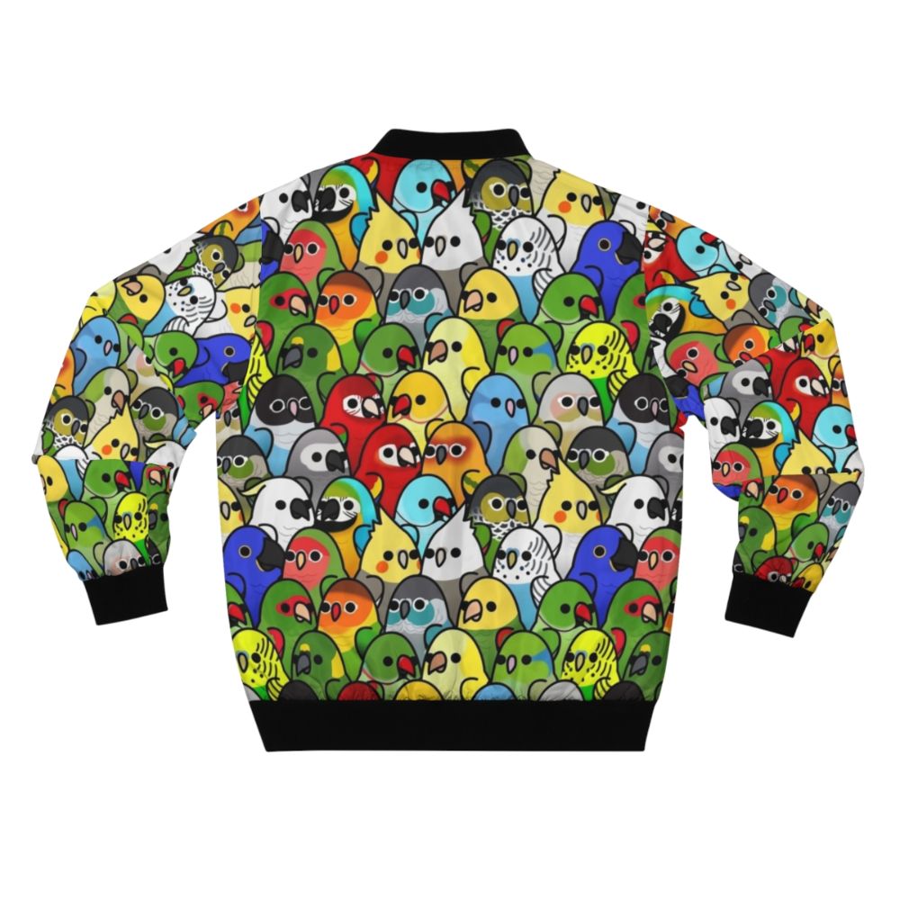 Stylish bird print bomber jacket featuring a flock of colorful birds - Back