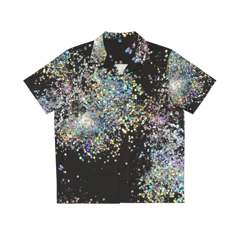 Black and multicolor sequin Hawaiian shirt with glitter and ombre pattern