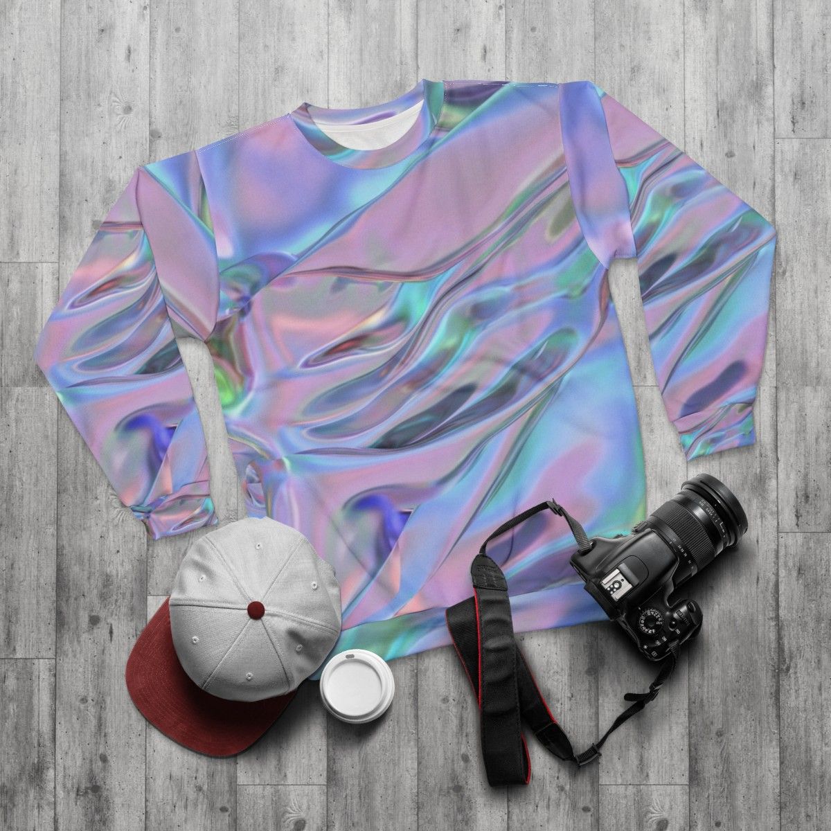 Holographic sweatshirt with colorful graphic pattern - flat lay