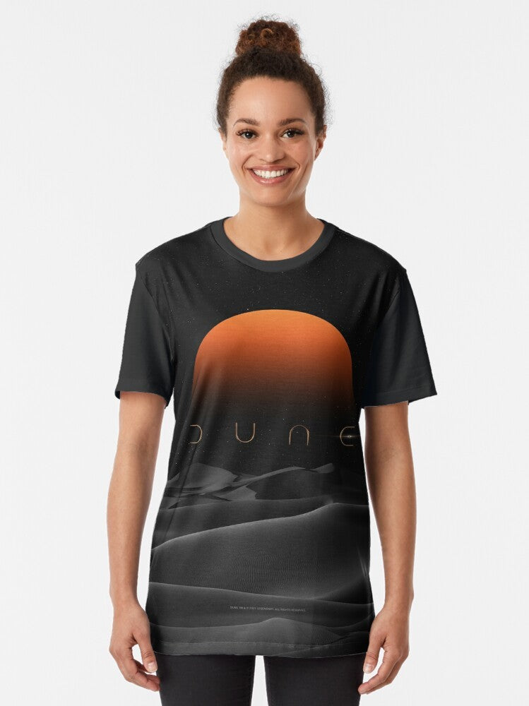 Dune movie fan art t-shirt featuring a stunning sunset graphic in orange and black - Women