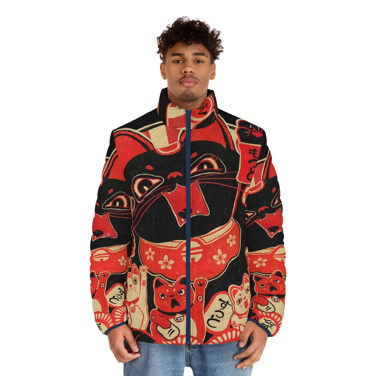 Vintage Japanese Lucky Cat Revolution Puffer Jacket with Adorable Kawaii Retro Rebellion Anime Inspired Design - men front