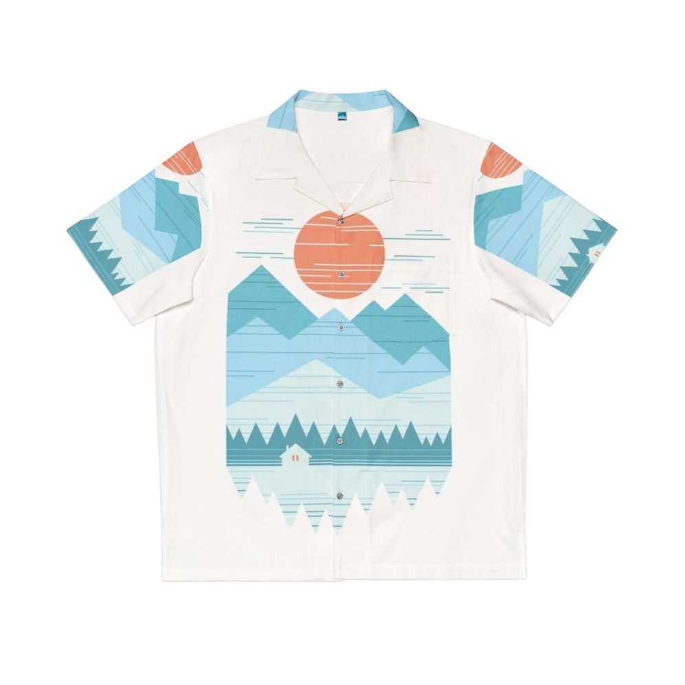 Cabin in the snow hawaiian shirt with minimalist mountain graphic design