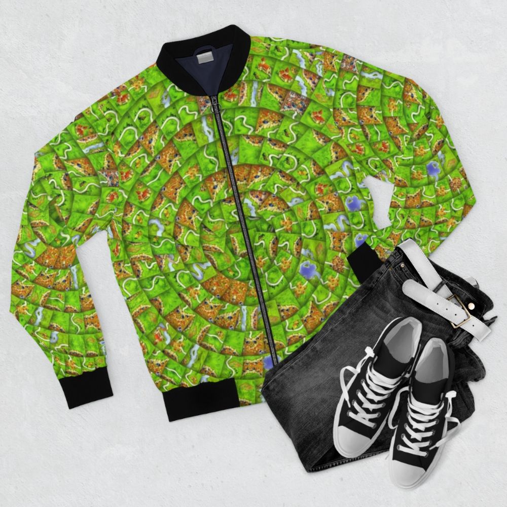 Carcassonne-inspired bomber jacket featuring board game motifs - Flat lay