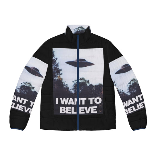 Paranormal-themed X-Files puffer jacket with "I Want to Believe" graphics