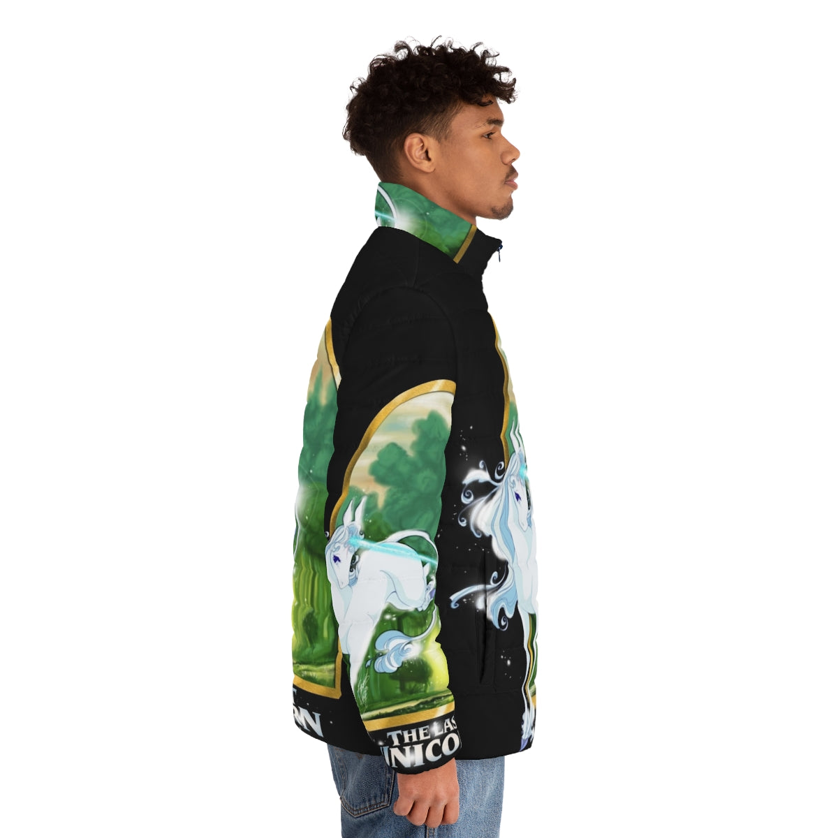 "The Last Unicorn" themed puffer jacket featuring a unicorn design - men side right