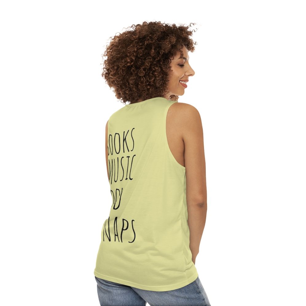 Books, Music, Food & Naps Unisex Tank Top - women back