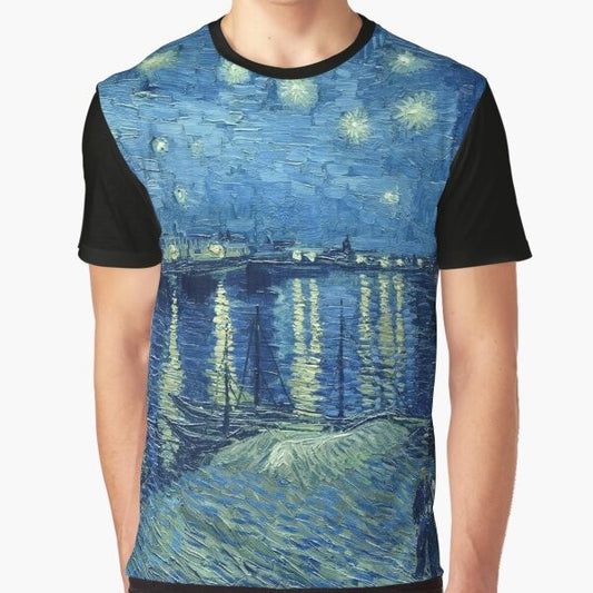 Vibrant graphic t-shirt featuring the iconic Starry Night painting by the famous impressionist artist Vincent van Gogh.