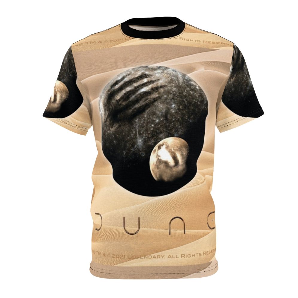 Graphic t-shirt featuring a design inspired by the science fiction film Dune, with imagery of a desert planet and its moons.