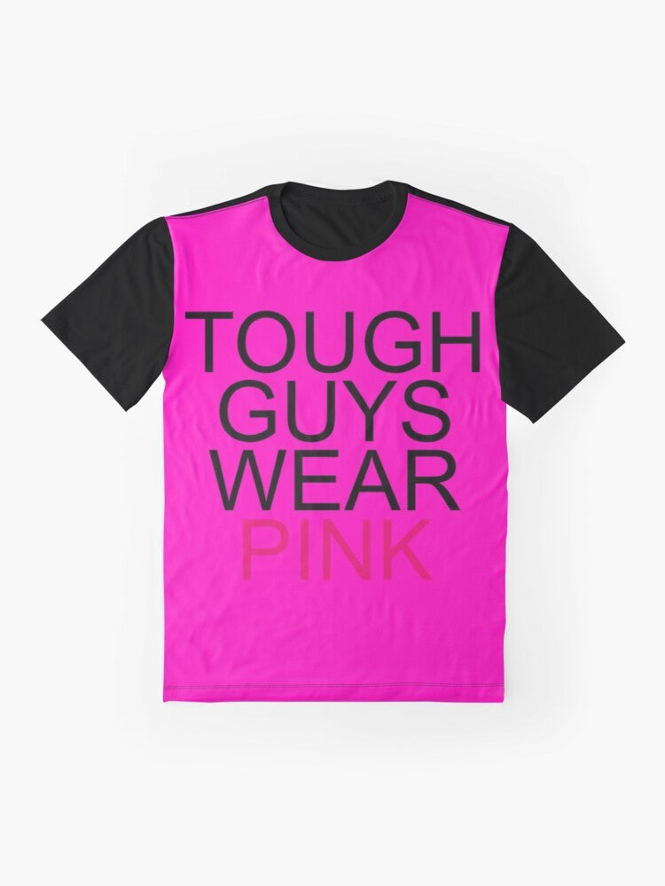 Graphic T-shirt with the text "rgv8r infected tough guys wear pink" on a pink background - Flat lay