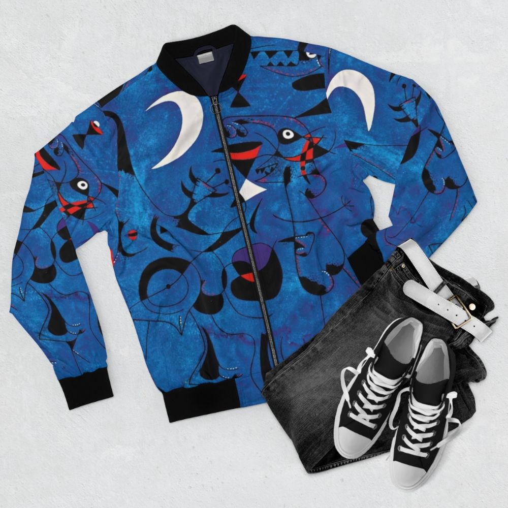 Bomber jacket featuring vibrant abstract shapes and colors inspired by the art of famous Spanish painter Joan Miró - Flat lay