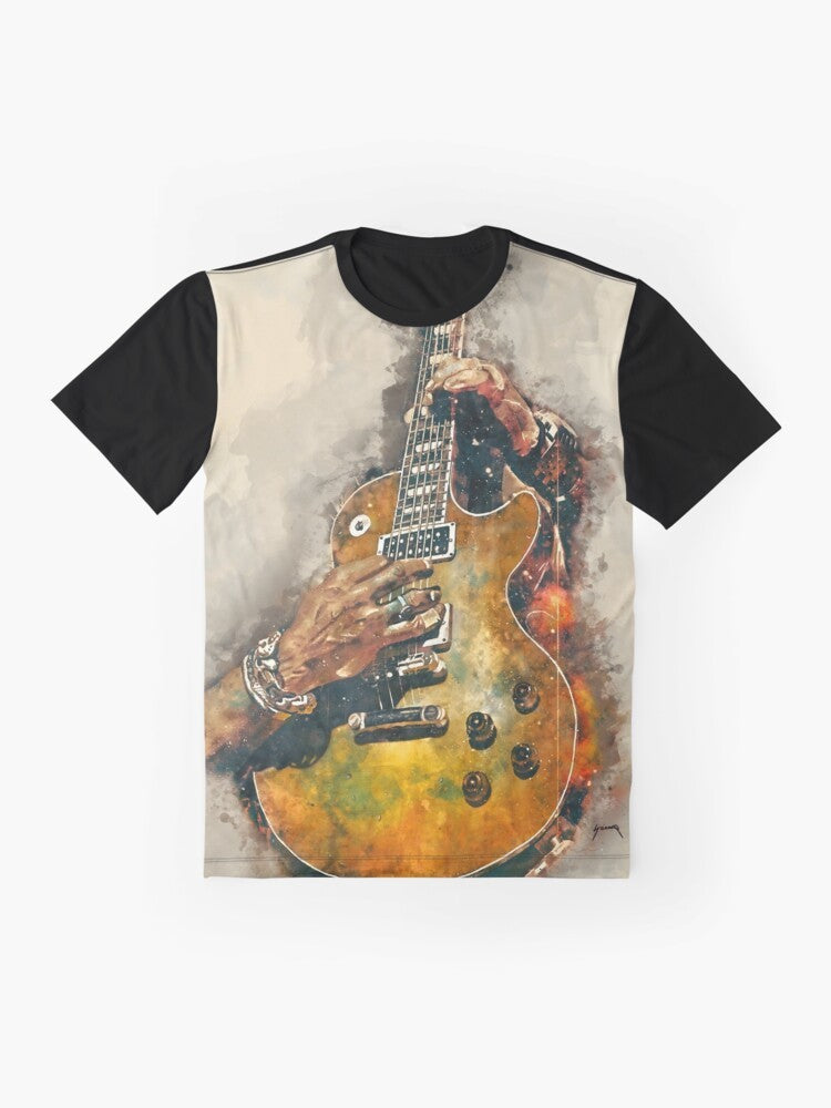 Watercolor electric guitar graphic t-shirt featuring Slash's iconic guitar - Flat lay