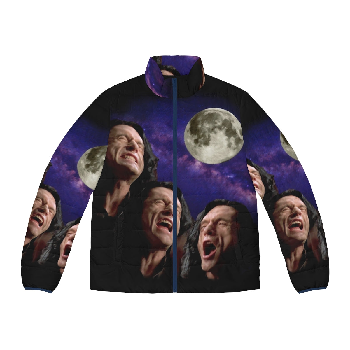 Three Wiseau Moon Puffer Jacket featuring Tommy Wiseau and the iconic Three Wolf Moon design