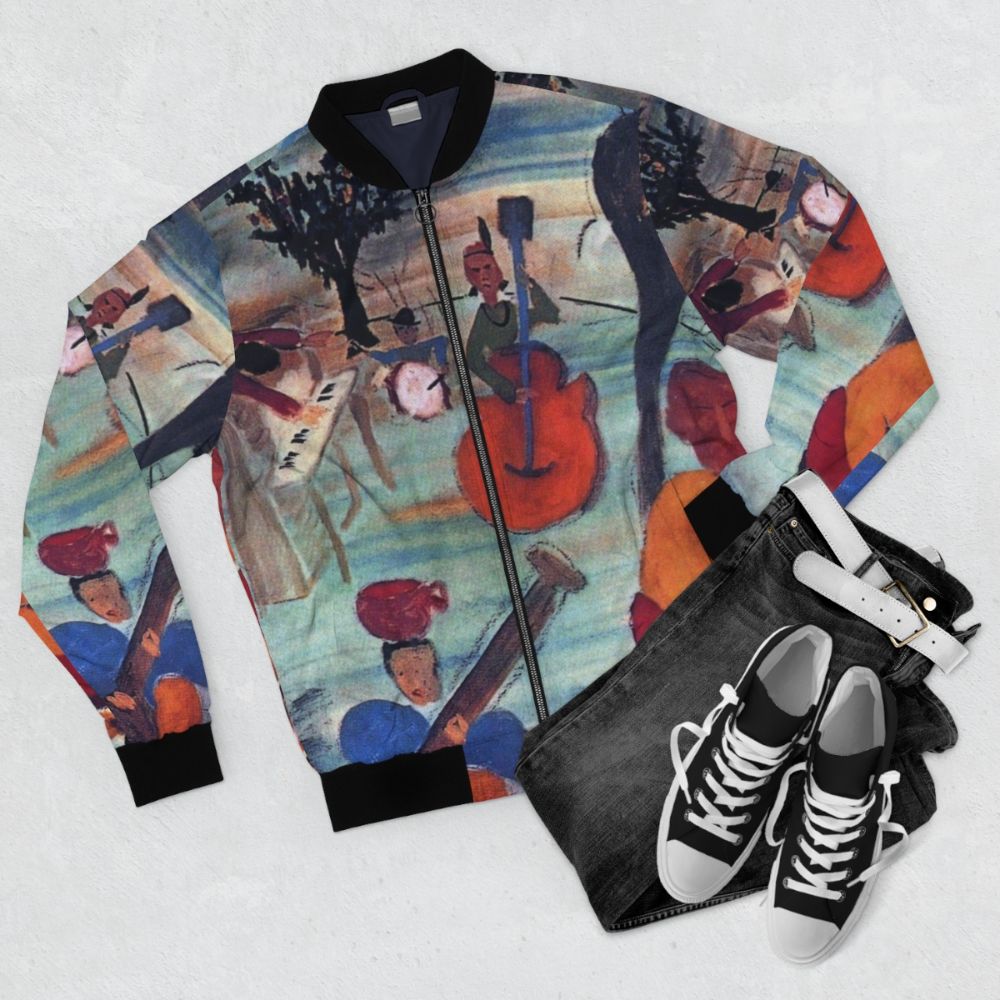 Bomber jacket featuring the iconic album cover of The Band's "Music from Big Pink" - Flat lay