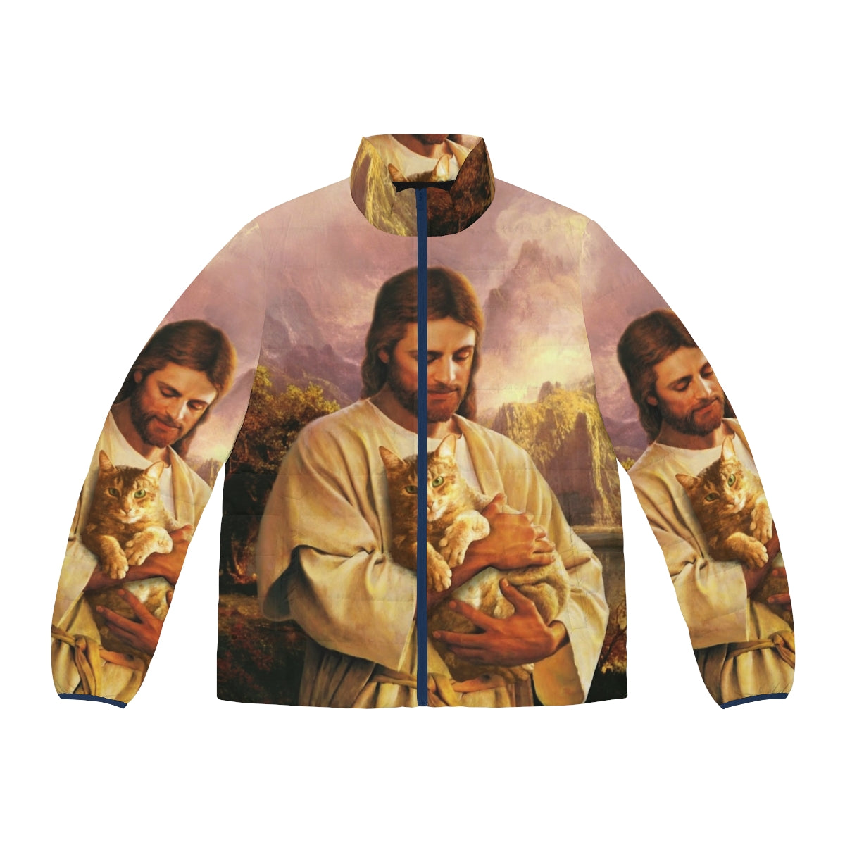 A puffer jacket featuring a cat dressed as Jesus Christ, a humorous religious-themed apparel item.