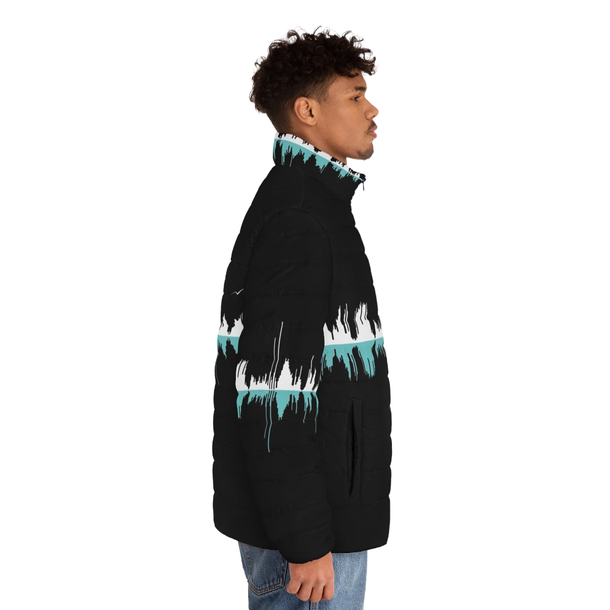 Black puffer jacket with white soundwave and city graphics - men side right