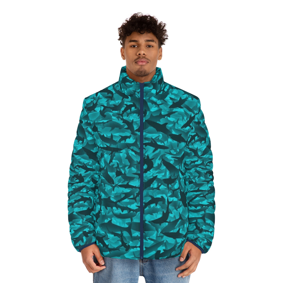 Sharks puffer jacket with camouflage pattern and tactical design - men front