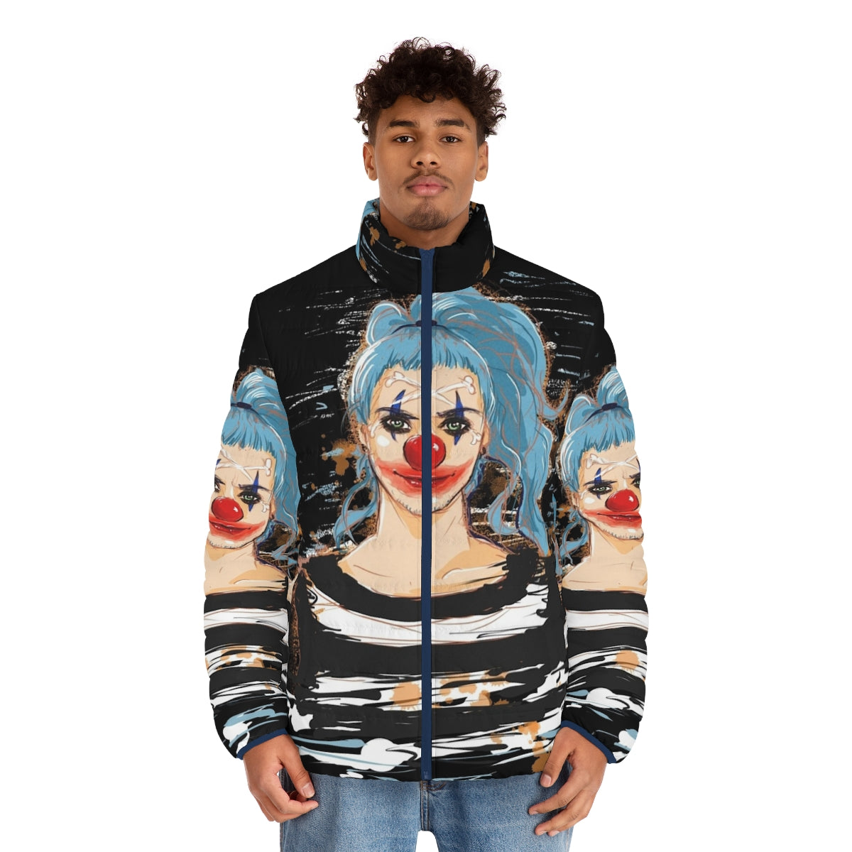 Impel Down Puffer Jacket featuring Buggy the Clown from One Piece anime - men front