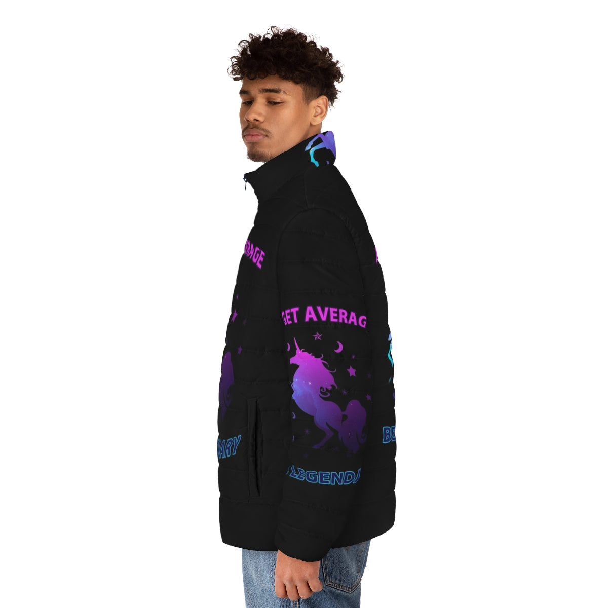 Legendary puffer jacket with unicorn and galaxy design - men side left